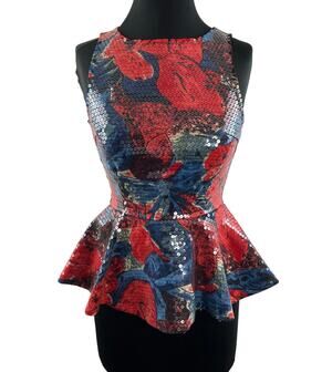 Anthropologie WOLVEN Sequin Peplum Top Red Blue Round Neck Sleeveless Size 0